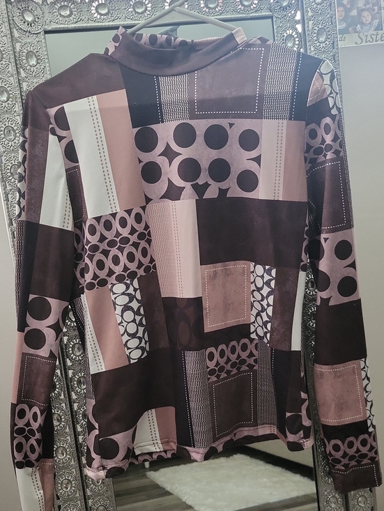 SHEIN Tops - SHEIN Pink and Brown Geometric Patchwork Mock Neck Long Sleeve Top